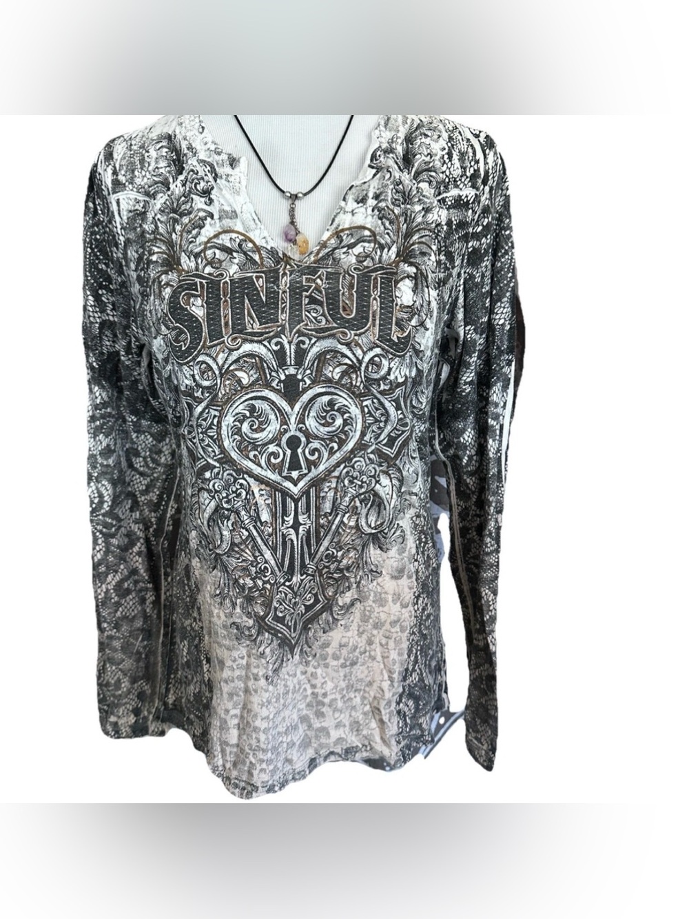 Sinful By Affliction Longsleeve Wings Snakeskin lace VTG lock key Y2K Size large